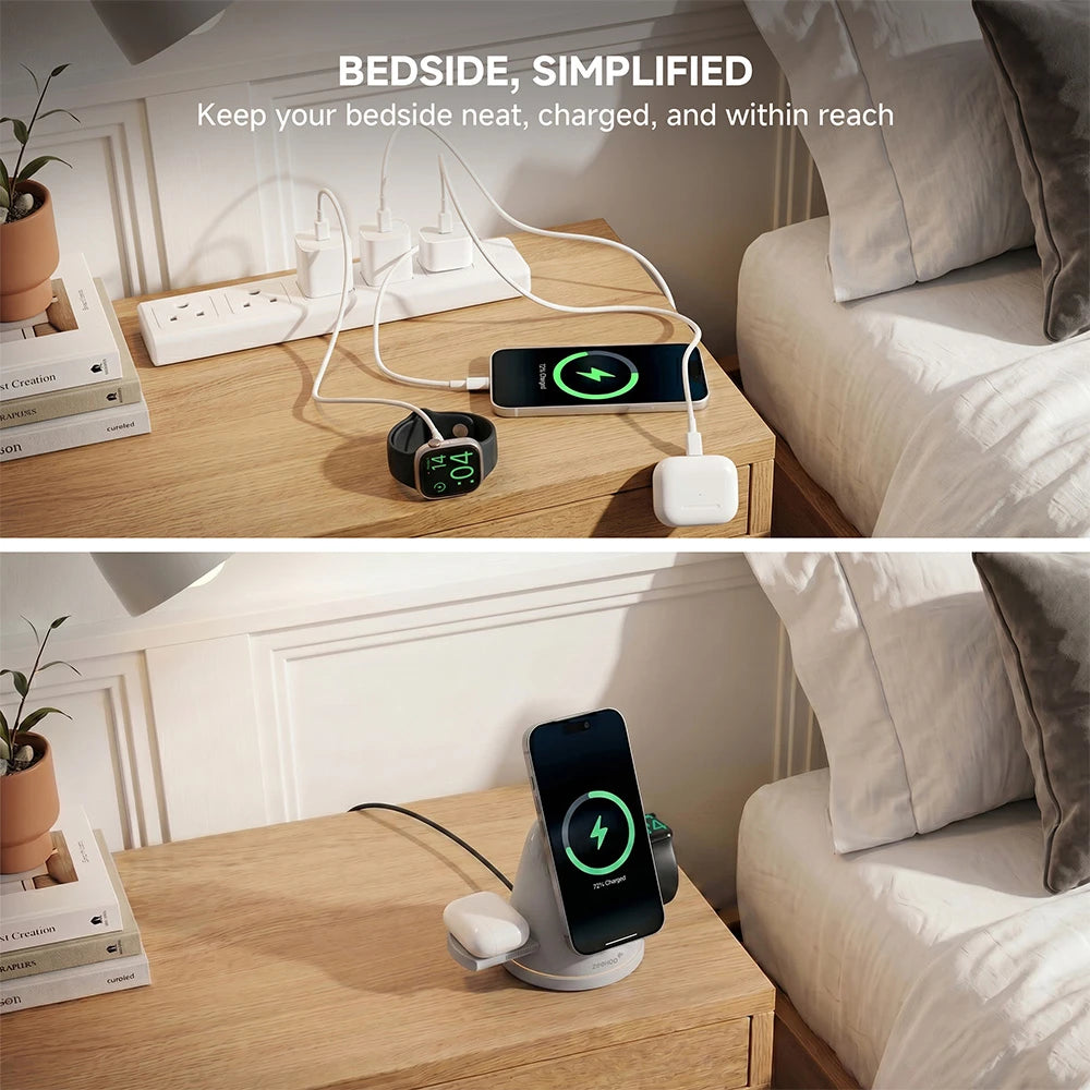 ZEEHOO LuminoCore gray 4-in-1 wireless charging station on a wooden nightstand, charging smartphone, Apple Watch, and AirPods in a bedside setup. #color_gray