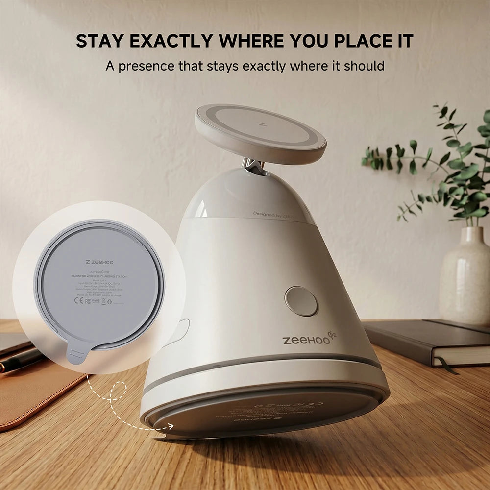 ZEEHOO LuminoCore gray 4-in-1 wireless charging station with circular base on a wooden surface, engineered to stay firmly in place during charging. #color_gray