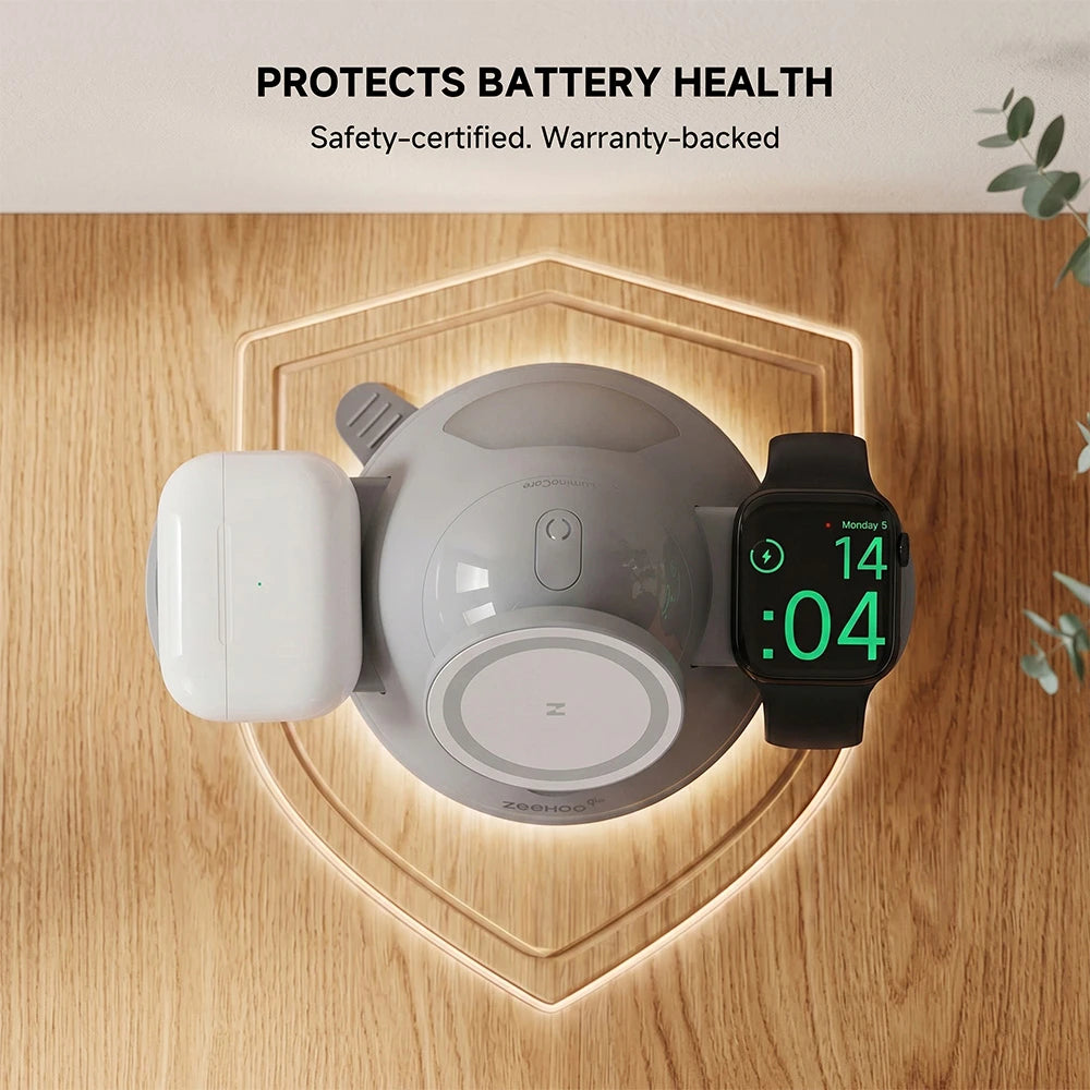 ZEEHOO LuminoCore gray 4-in-1 wireless charging station with smartwatch on a wooden desk, optimized for battery health protection and safe charging. #color_gray