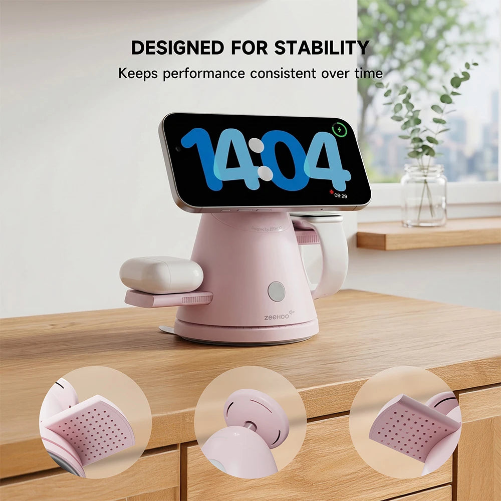 ZEEHOO LuminoCore pink 4-in-1 wireless charging stand holding a smartphone showing time, placed on a wooden surface with stable and secure charging design. #color_pink