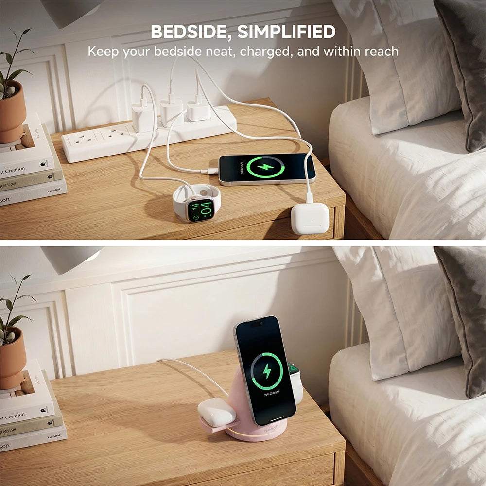 ZEEHOO LuminoCore pink 4-in-1 wireless charging station on a nightstand, charging smartphone, Apple Watch, and additional device in a bedside setup. #color_pink