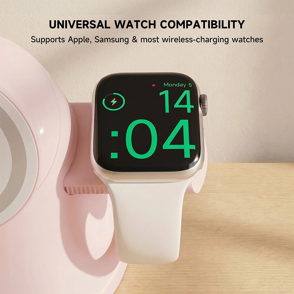 ZEEHOO LuminoCore pink 4-in-1 wireless charging station with smartwatch showing time on a wooden surface, featuring universal compatibility across devices. #color_pink