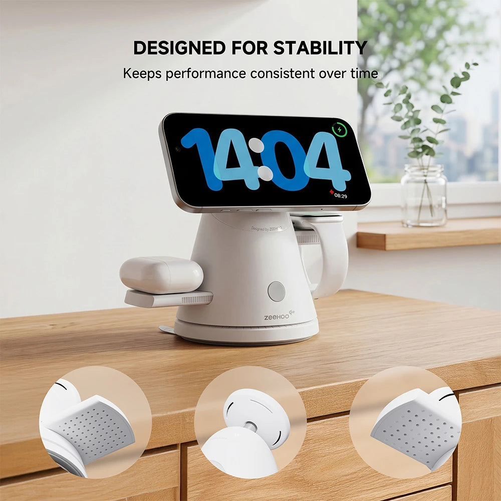 ZEEHOO LuminoCore white 4-in-1 wireless charging stand on a desk, featuring stable phone holder design for secure positioning. #color_white
