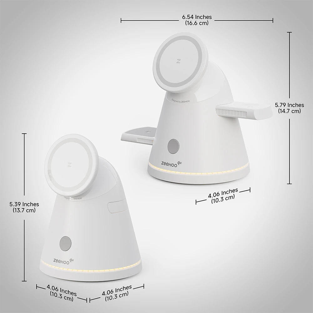 ZEEHOO LuminoCore white 4-in-1 wireless charging station displayed on a gray background with measurement labels for size reference. #color_white