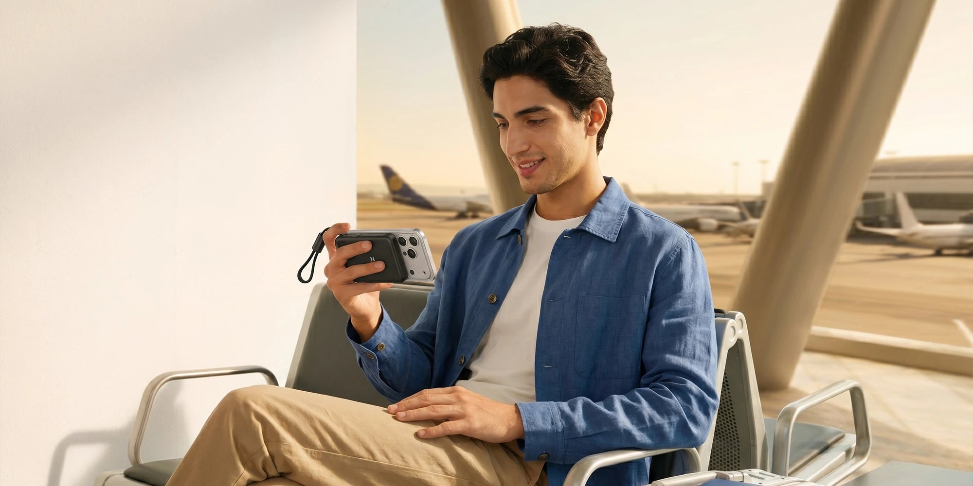 A man using a smartphone at an airport, supported and wirelessly charged by a MagAir power bank attached to the back, with airplanes in the background.