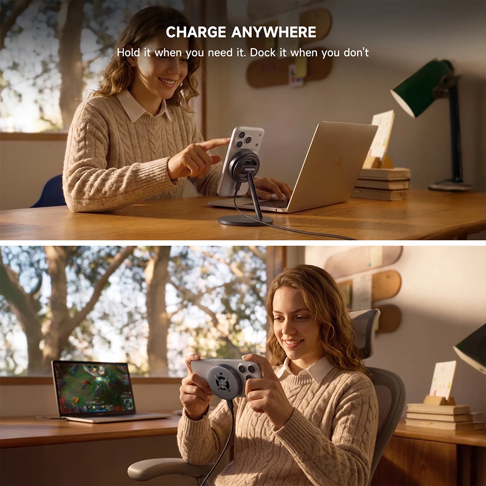 A woman in a beige cable-knit sweater sits at a wooden desk in a warm, sunlit room, demonstrating a portable phone charging dock. In the top panel, she holds the charging stand while using a white smartphone and a laptop.  #color_gray