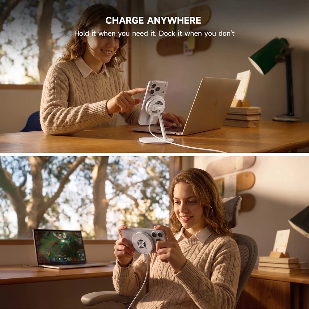 A woman using a white CoreDock magnetic wireless charging stand in a home office. The top panel shows her holding the charger next to her laptop with the text “CHARGE ANYWHERE.”  #color_white