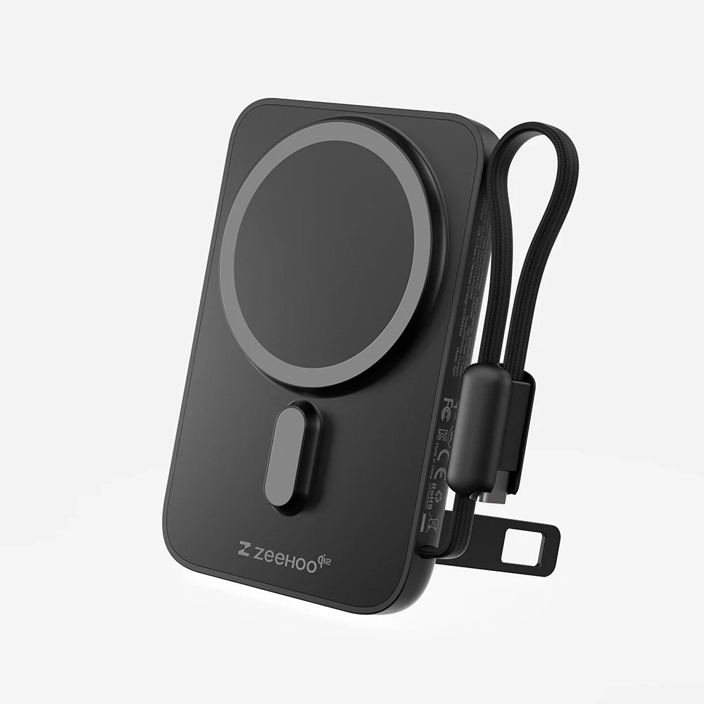 Black MagAir semi-solid-state magnetic power bank with an integrated strap on a white background. #color_black