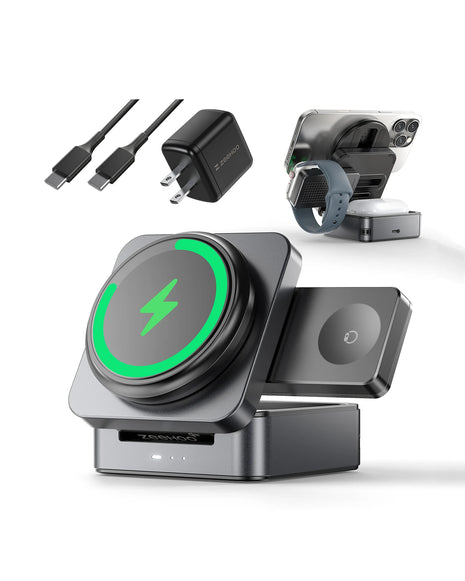 Set of wireless charging devices including a charger, cable, and dock on a white background