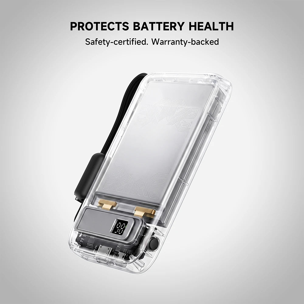 MagAir semi-solid-state magnetic power bank with a transparent casing on a gray background. #color_black