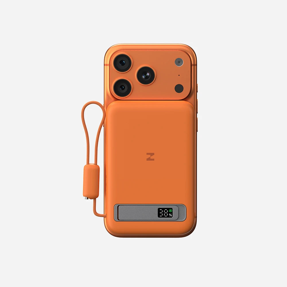 Orange MagAir semi-solid-state power bank with an integrated lanyard on a white background. #color_orange