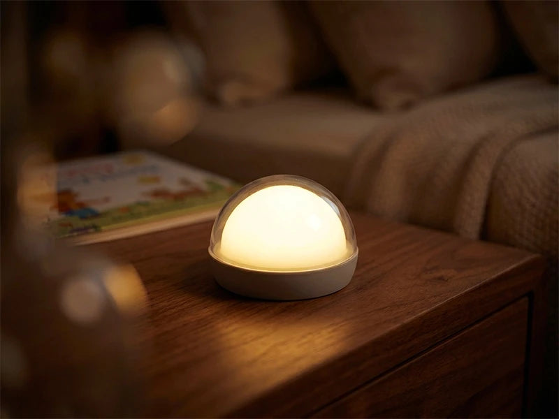 Round night light on a wooden surface with a blurred background