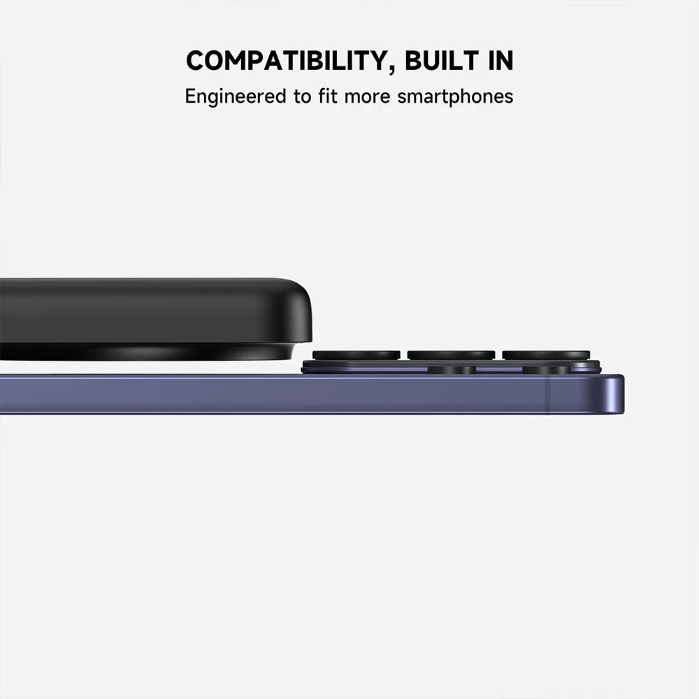 Smartphone with a camera lens cover on a white background, highlighting MagAir’s raised wireless charging module that improves compatibility with various smartphone camera bump designs. #color_black