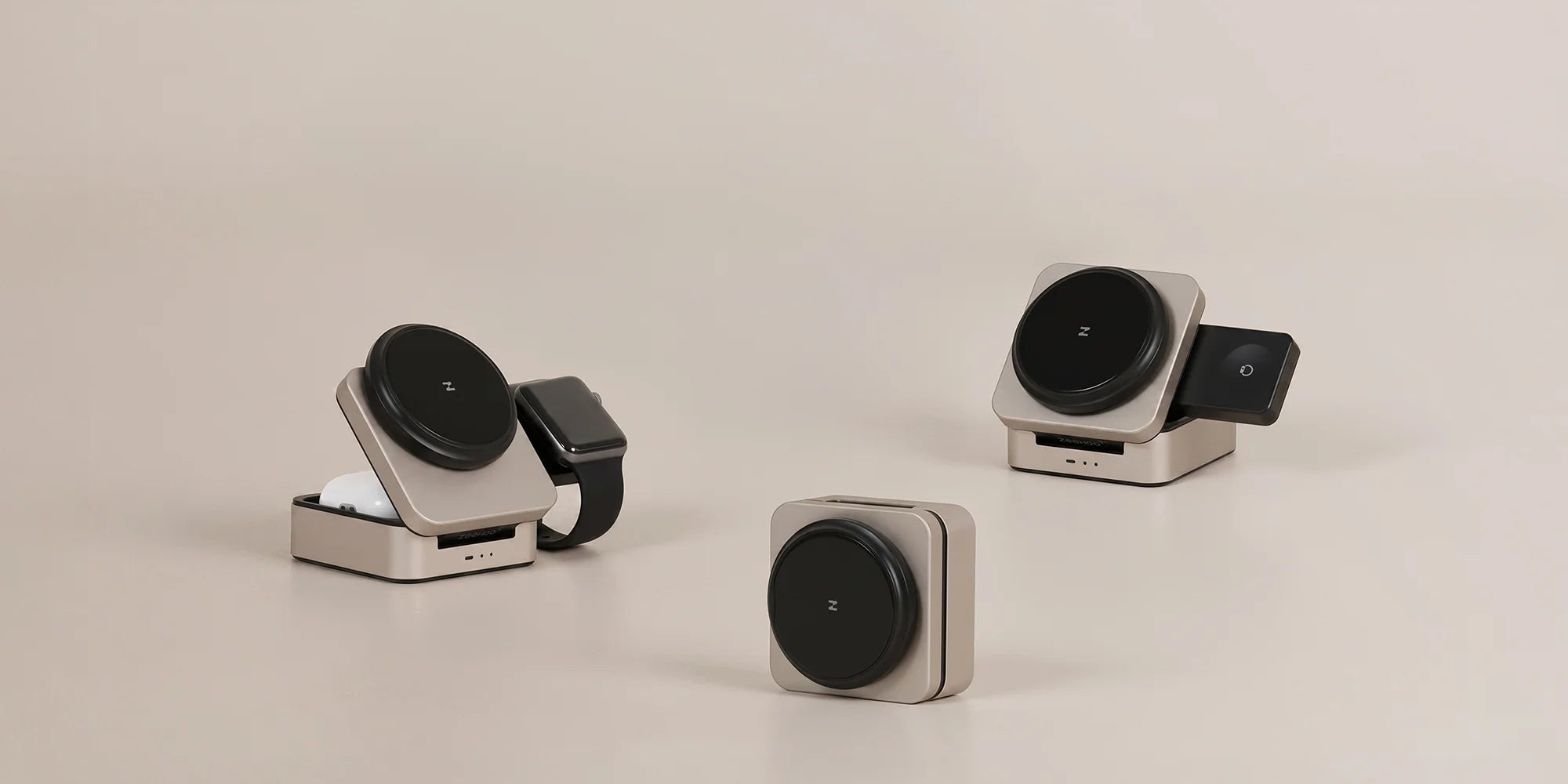 Three ZEEHOO FoldTrack champagne devices on a beige background.