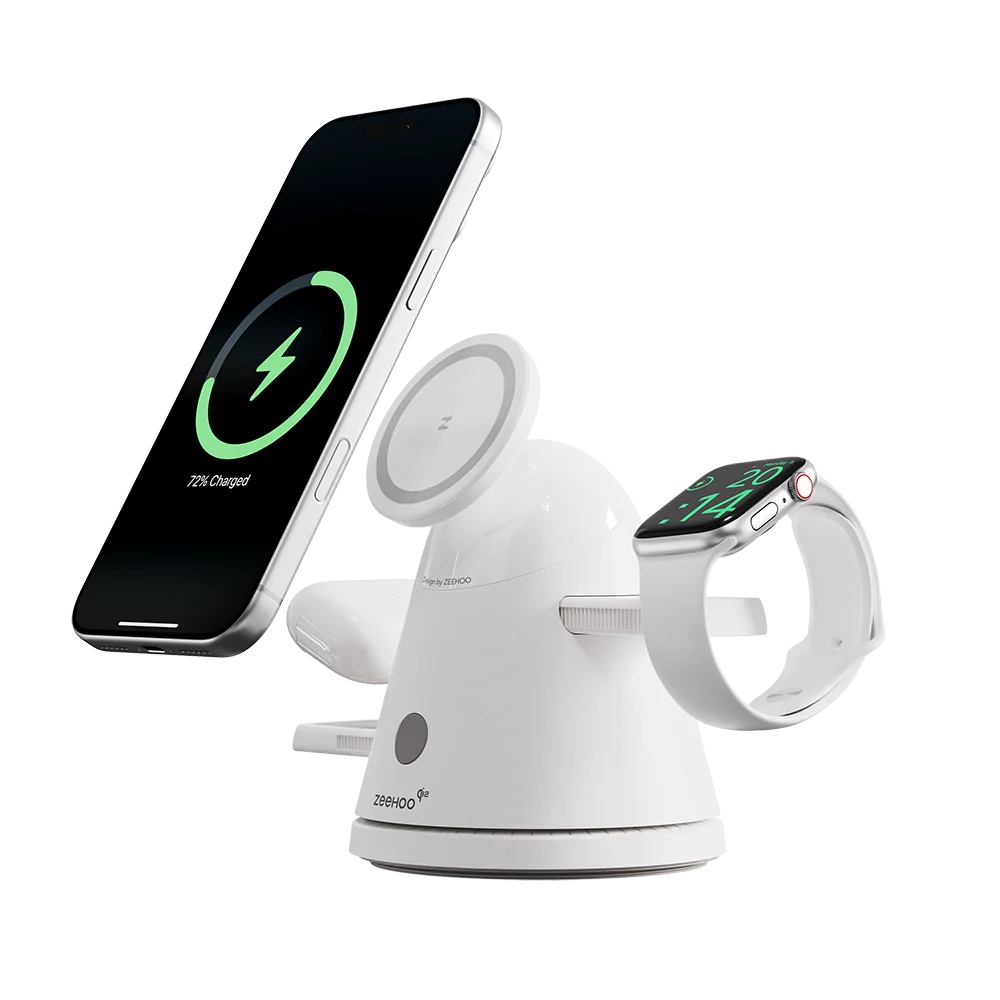 White ZEEHOO LuminoCore wireless charging stand with smartphone and smartwatch on a white background.