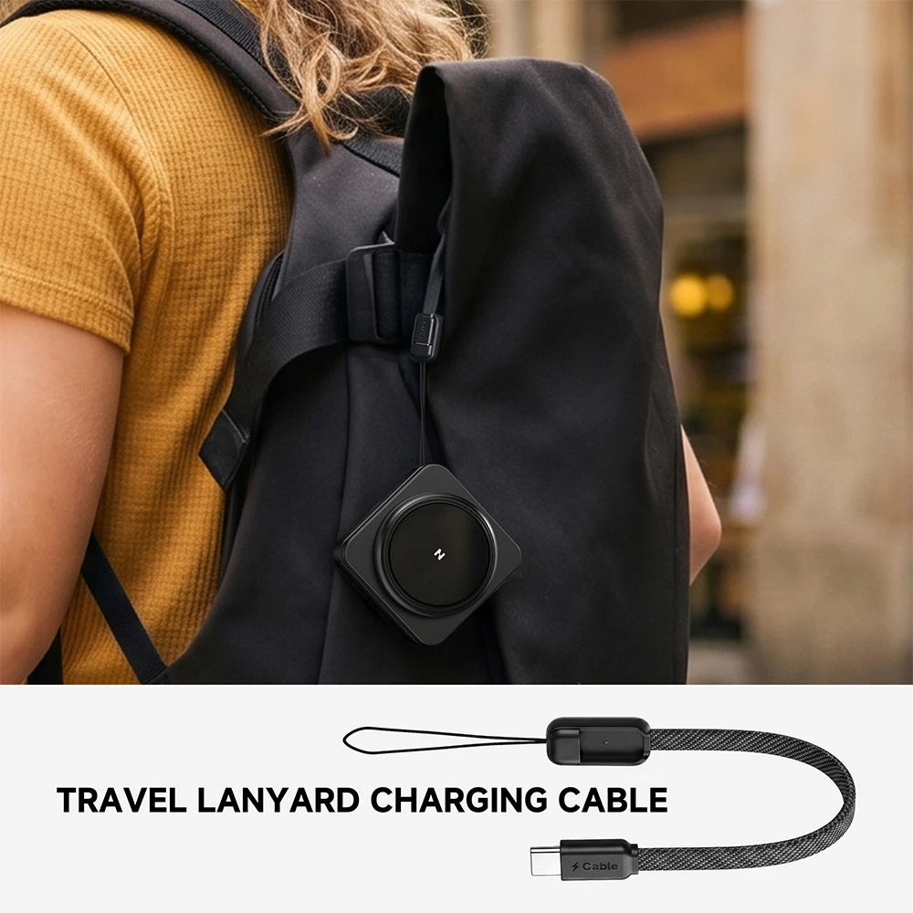 ZEEHOO FoldTrack black foldable wireless charging device with integrated travel lanyard charging cable, designed for convenient on-the-go charging. #color_black