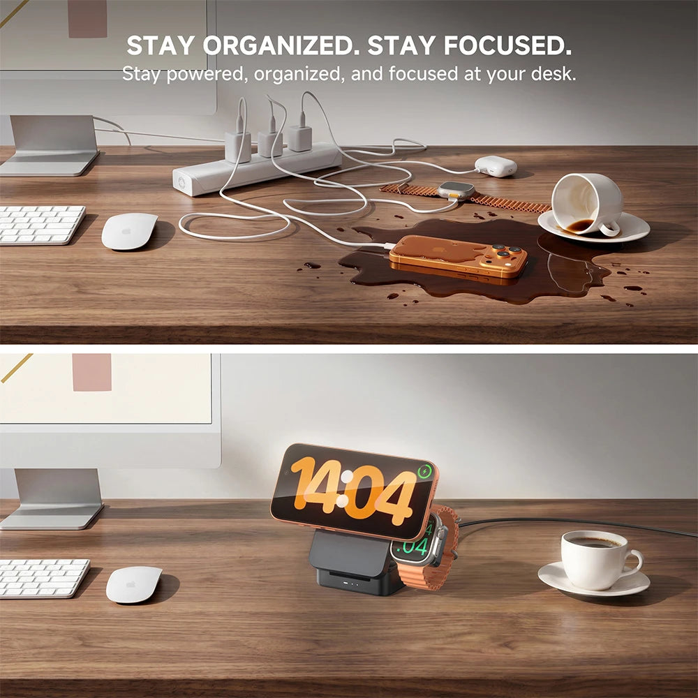 ZEEHOO FoldTrack black wireless charging stand on a desk with digital clock and electronic devices, designed for an organized and efficient workspace setup. #color_black