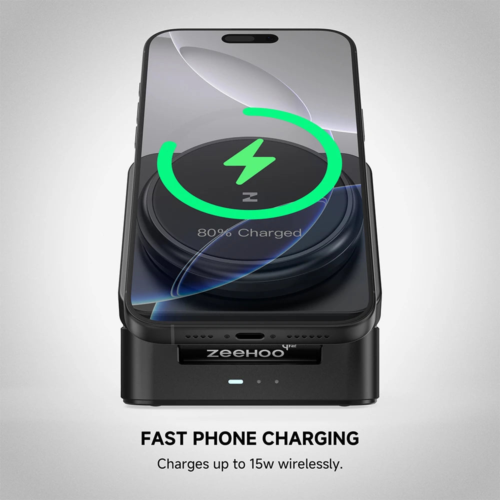 ZEEHOO FoldTrack black wireless charging stand with ZEEHOO branding displayed on a gray background for a clean product showcase. #color_black