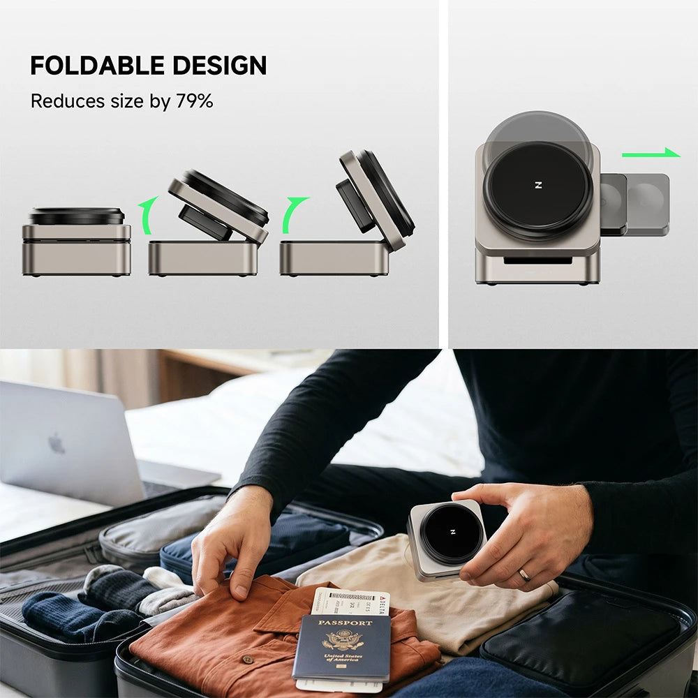 ZEEHOO FoldTrack champagne foldable wireless charging stand demonstrating significant size reduction through its foldable design, shown being packed into a suitcase for travel. #color_champagne