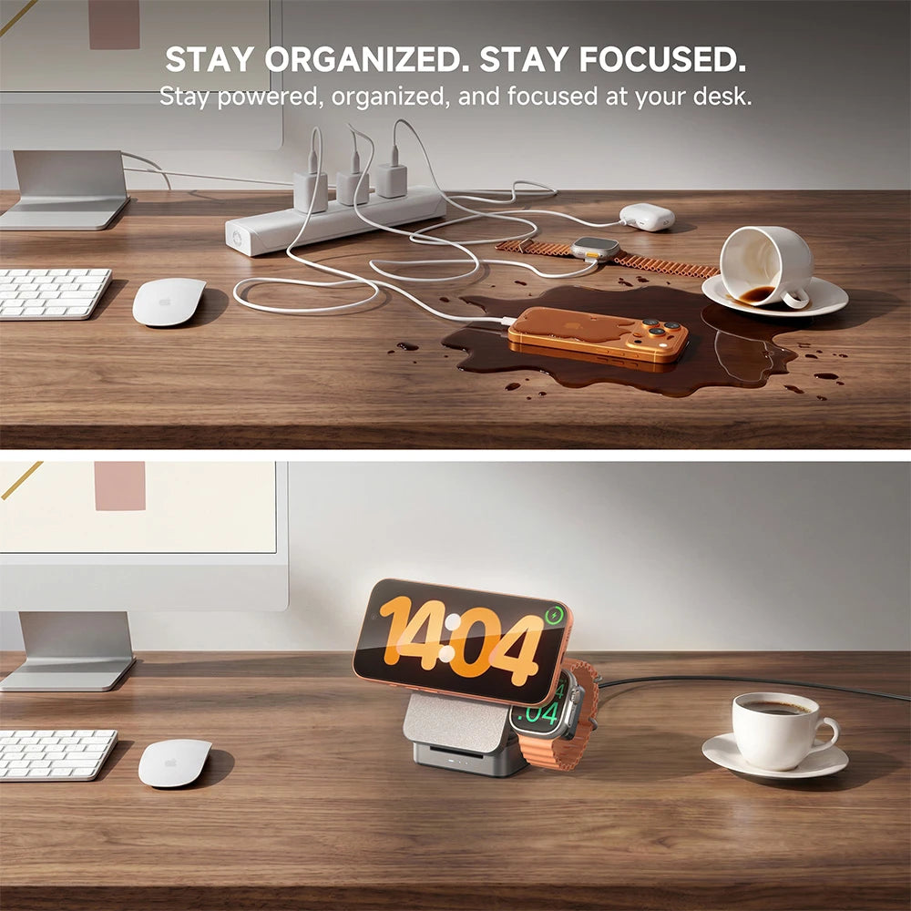 ZEEHOO FoldTrack champagne wireless charging stand on a desk with digital clock and electronic devices, creating a clean and efficient workspace environment. #color_champagne