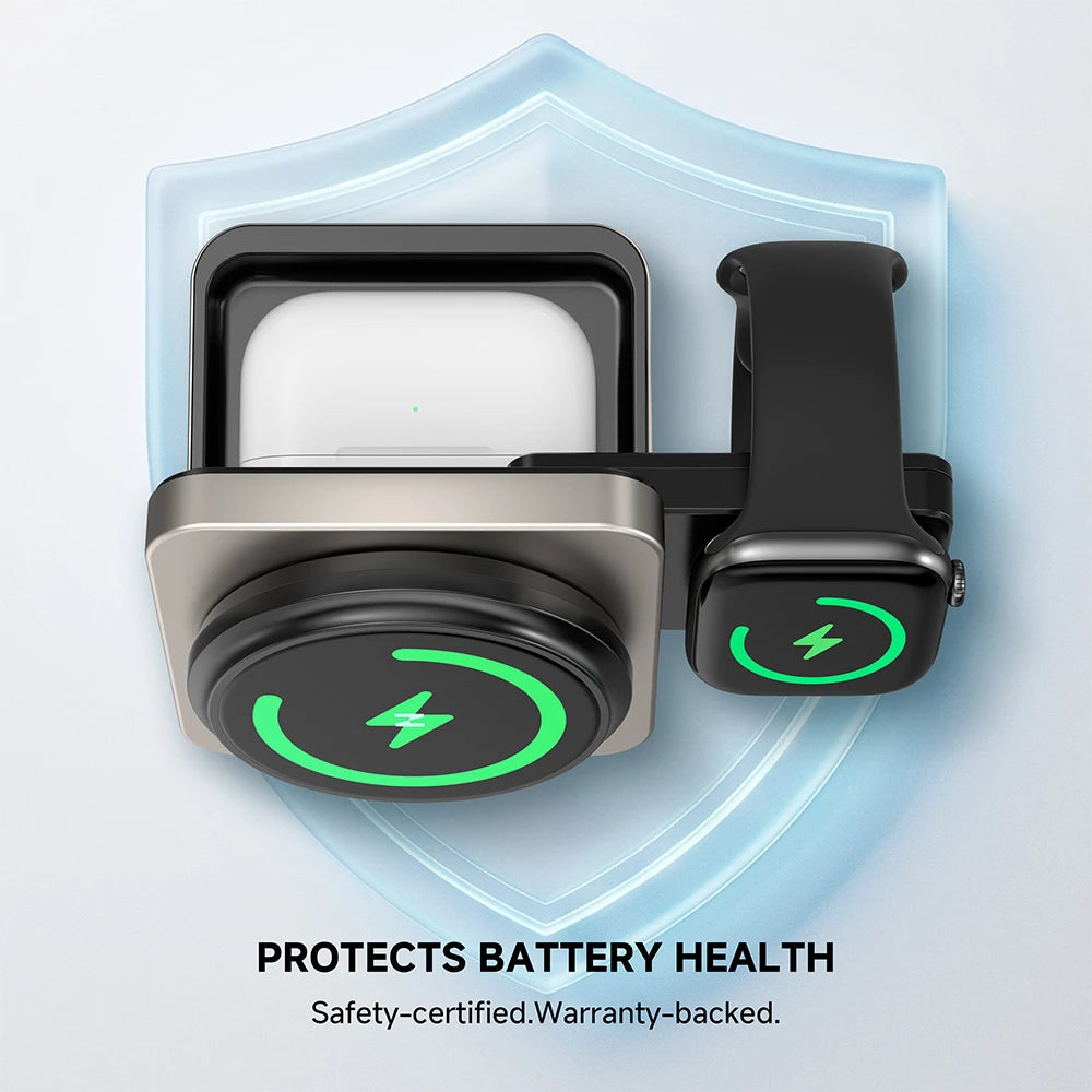ZEEHOO FoldTrack champagne wireless charging stand with smartphone on a shield-themed background, optimized for safe charging and battery health protection. #color_champagne