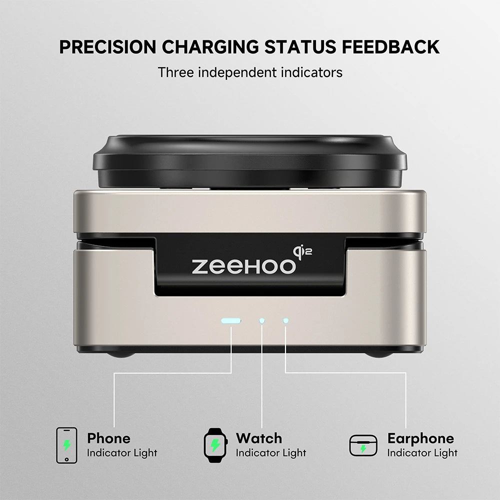ZEEHOO FoldTrack champagne wireless charging station featuring indicator lights for phone, smartwatch, and earphones, displayed on a gray background for product showcase. #color_champagne