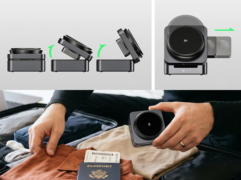 ZEEHOO FoldTrack foldable wireless charging device being packed into a bag, showcasing compact design for easy portability and organized setup on the go.