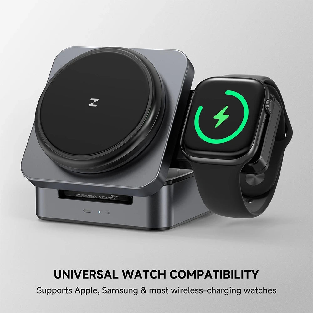 ZEEHOO FoldTrack gray wireless charging dock charging a smartwatch, displayed on a gray background for a clean product showcase. #color_gray