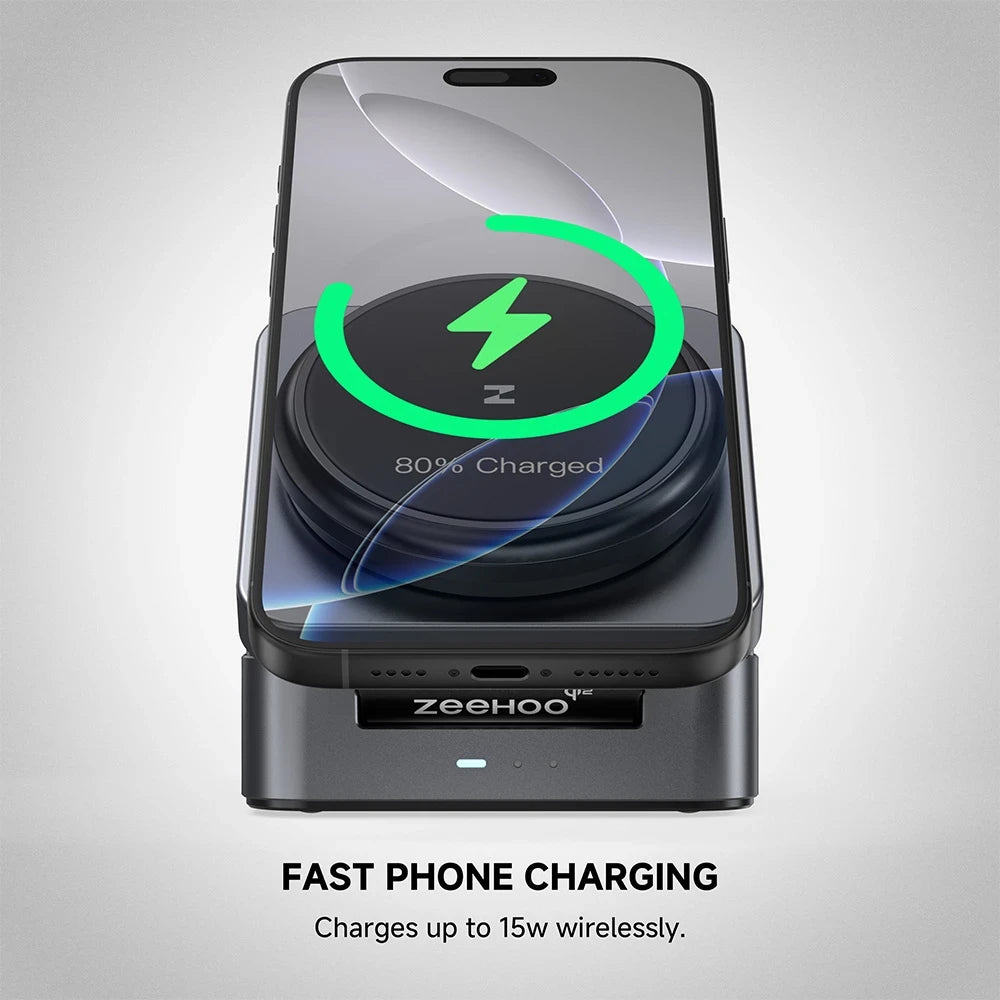 ZEEHOO FoldTrack gray wireless charging stand with ZEEHOO branding displayed on a gray background for a clean product showcase. #color_gray