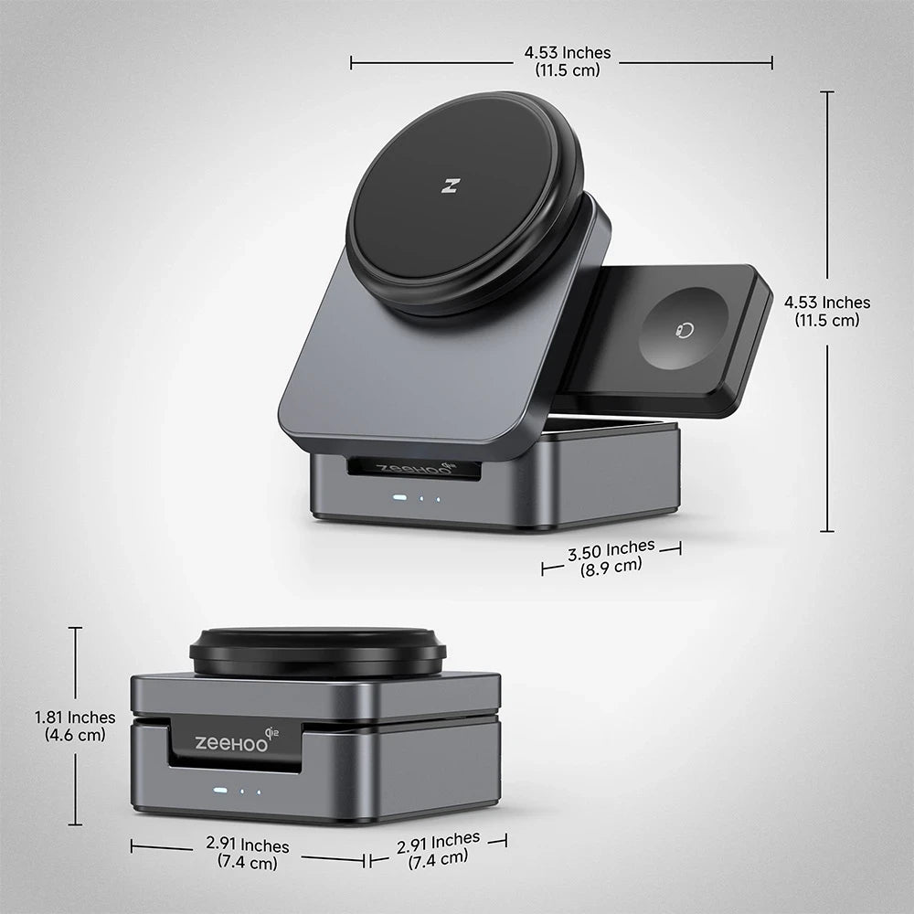 ZEEHOO FoldTrack gray wireless charging station displayed on a gray background with product dimensions labeled for size reference. #color_gray