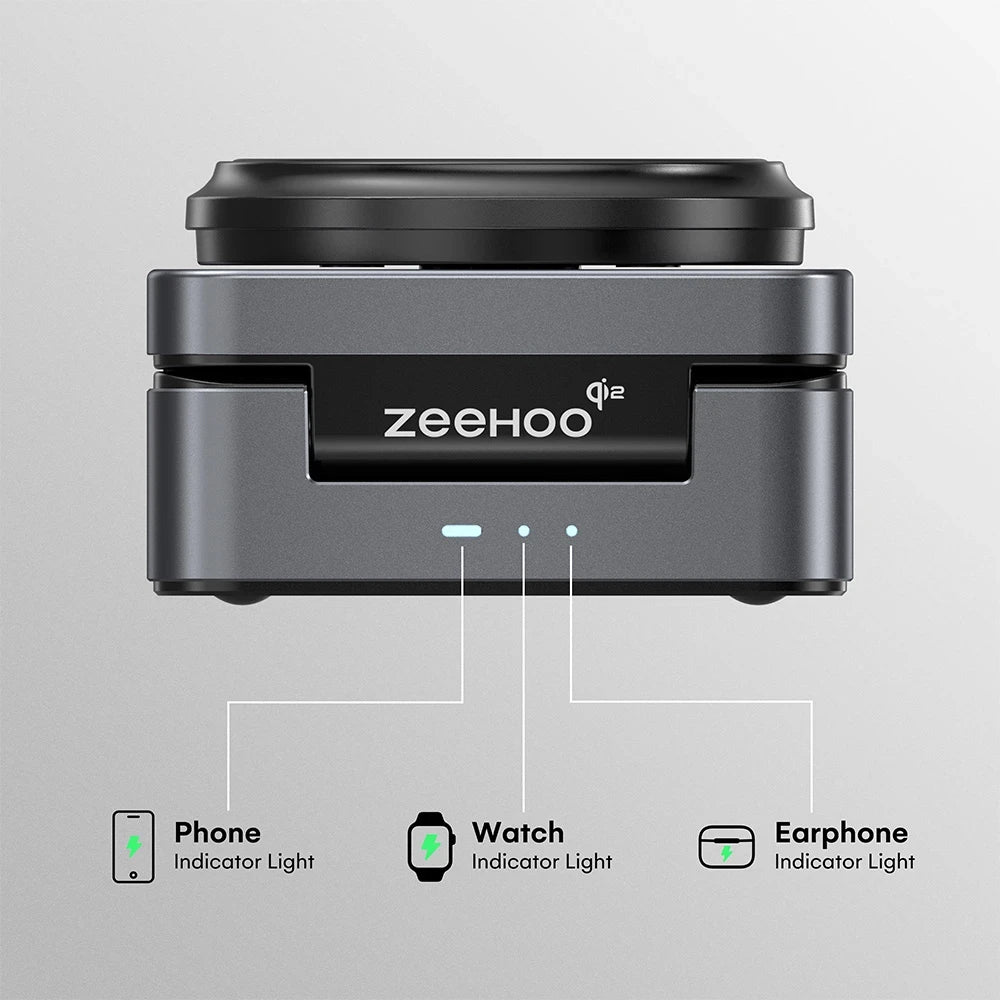 ZEEHOO FoldTrack gray wireless charging station featuring indicator lights for phone, smartwatch, and earphones, displayed on a gray background for product showcase. #color_gray