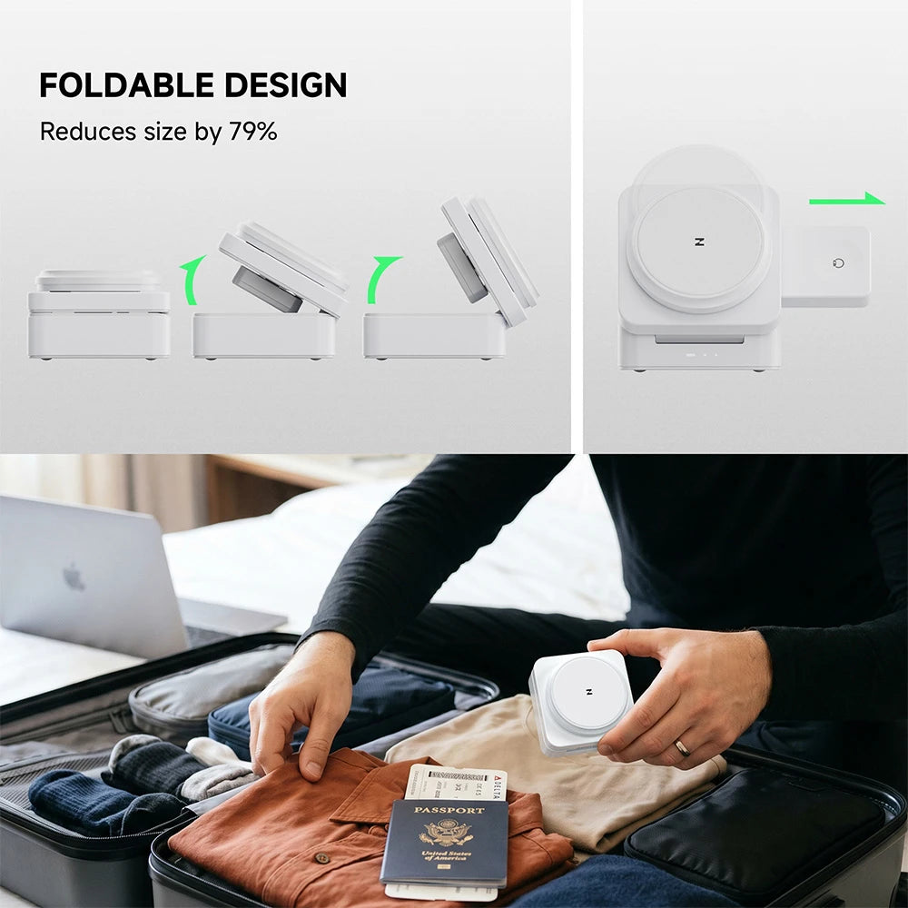 ZEEHOO FoldTrack white foldable wireless charging stand showcasing compact foldable design for significant space-saving and portability. #color_white