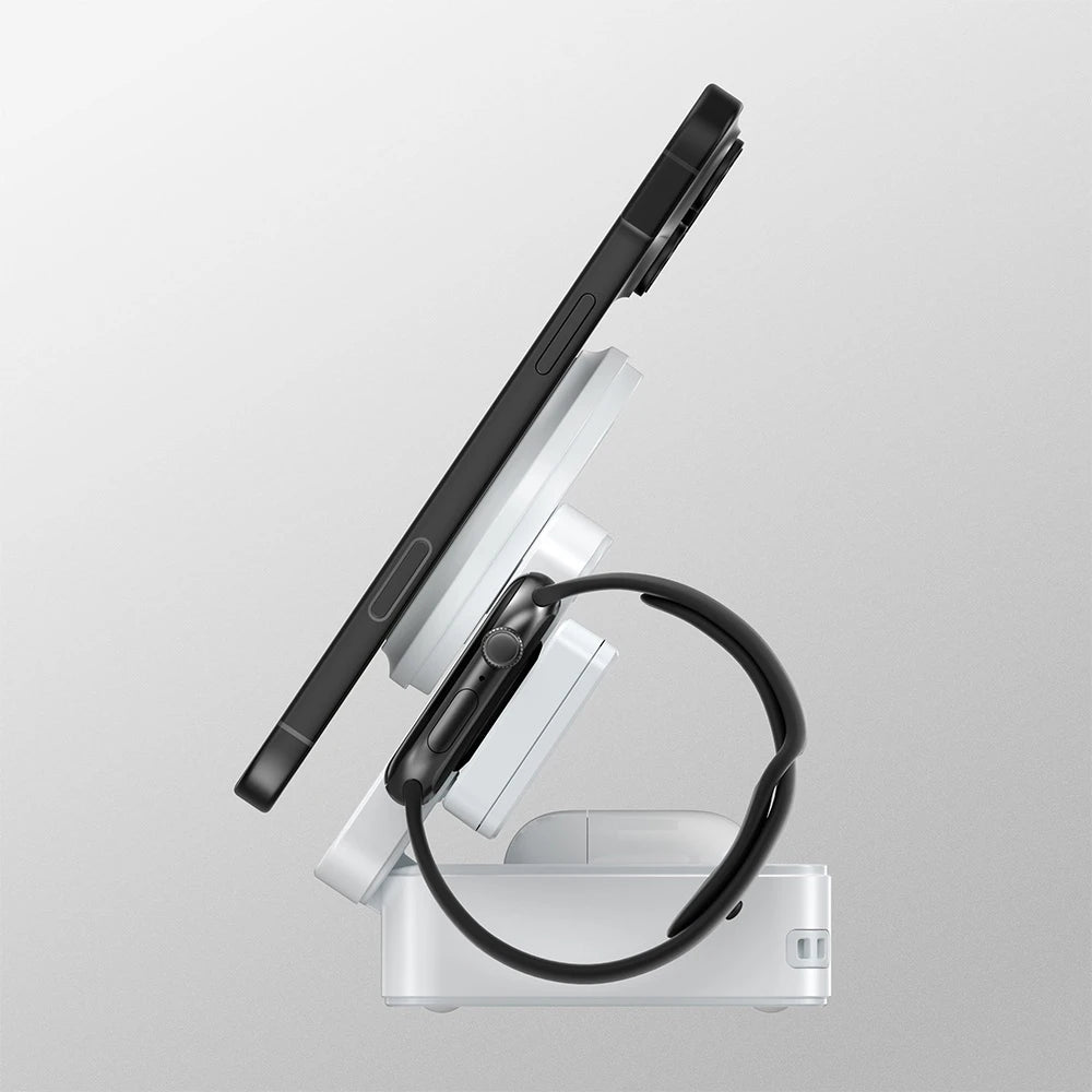 ZEEHOO FoldTrack white wireless charging stand on a white surface with a gray background, designed for multi-device charging compatibility. #color_white