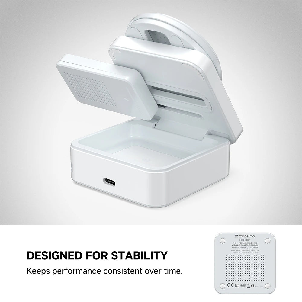 ZEEHOO FoldTrack white wireless charging stand with open cover design, displayed on a light gray background for product showcase. #color_white