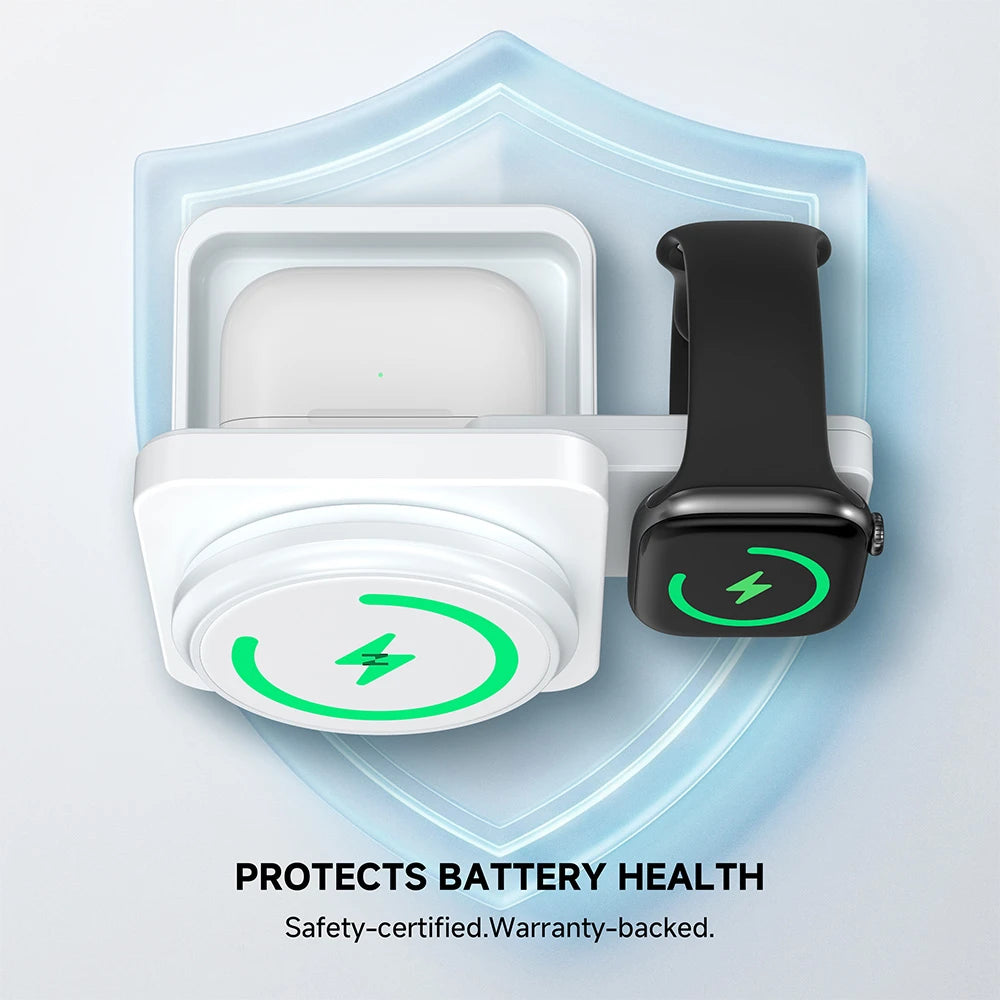 ZEEHOO FoldTrack white wireless charging system packaging with smartwatch and protective case, featuring charging status indicators on a light blue background. #color_white