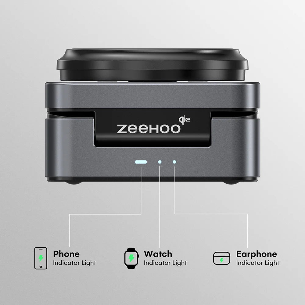 ZEEHOO FoldTrack wireless charging stand with a subtle LED indicator showing charging status on a clean minimalist background.