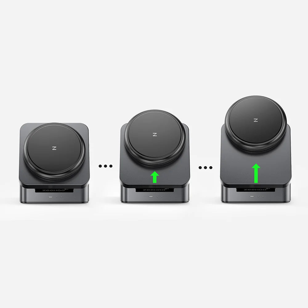 ZEEHOO FoldTrack wireless charging stand with adjustable viewing angle, holding a smartphone at different positions during charging for optimal viewing comfort.
