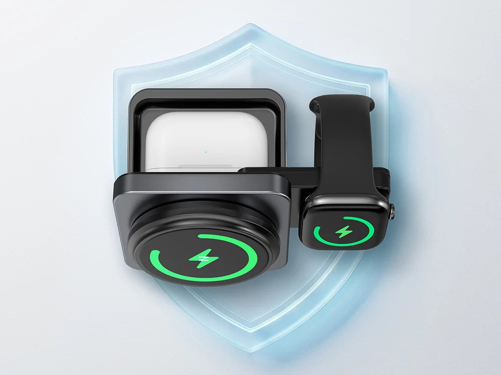 ZEEHOO FoldTrack wireless charging stand with built-in safety protection against overcharging, overheating, and overcurrent, shown on a clean white background.