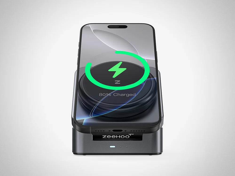 ZEEHOO FoldTrack wireless charging stand with smartphone on a light gray background.