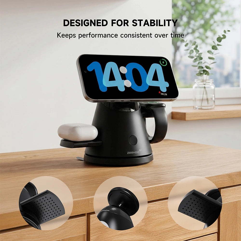 ZEEHOO LuminoCore black 4-in-1 wireless charging stand holding a smartphone showing time on a wooden surface, featuring stable and secure device support. #color_black