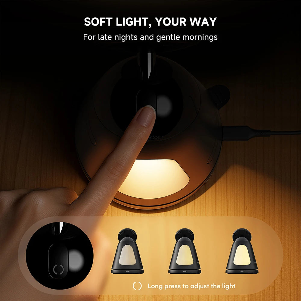 ZEEHOO LuminoCore black 4-in-1 wireless charging station featuring adjustable soft ambient light control, demonstrated with hand interaction on a dark background. #color_black