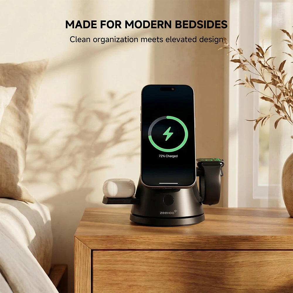 ZEEHOO LuminoCore black 4-in-1 wireless charging station on a bedside table with smartphone and smartwatch, optimized for modern bedside charging convenience. #color_black