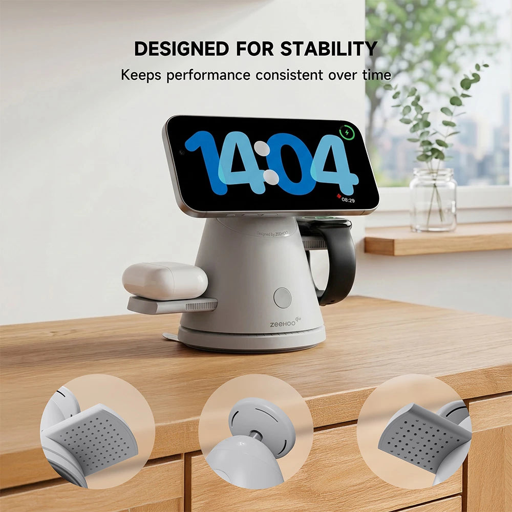 ZEEHOO LuminoCore gray 4-in-1 wireless charging stand holding a smartphone showing time, placed on a wooden surface with a blurred indoor background. #color_gray