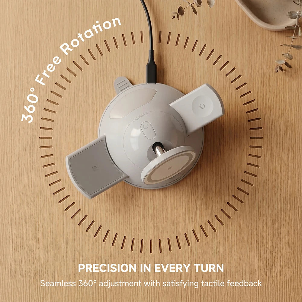 ZEEHOO LuminoCore gray 4-in-1 wireless charging station featuring 360-degree rotation, placed on a wooden surface for flexible positioning. #color_gray