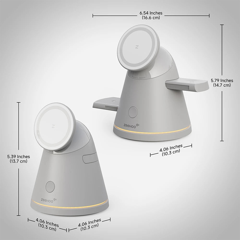 ZEEHOO LuminoCore gray 4-in-1 wireless charging station with circular top design, displayed on a gray background with product dimensions labeled for reference. #color_gray