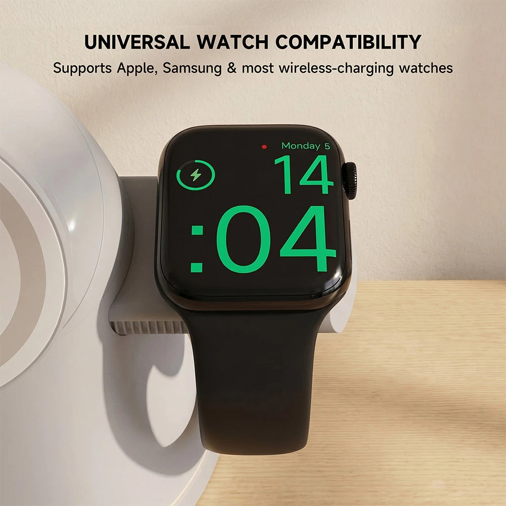 ZEEHOO LuminoCore gray 4-in-1 wireless charging station with smartwatch, featuring universal compatibility for multiple devices. #color_gray