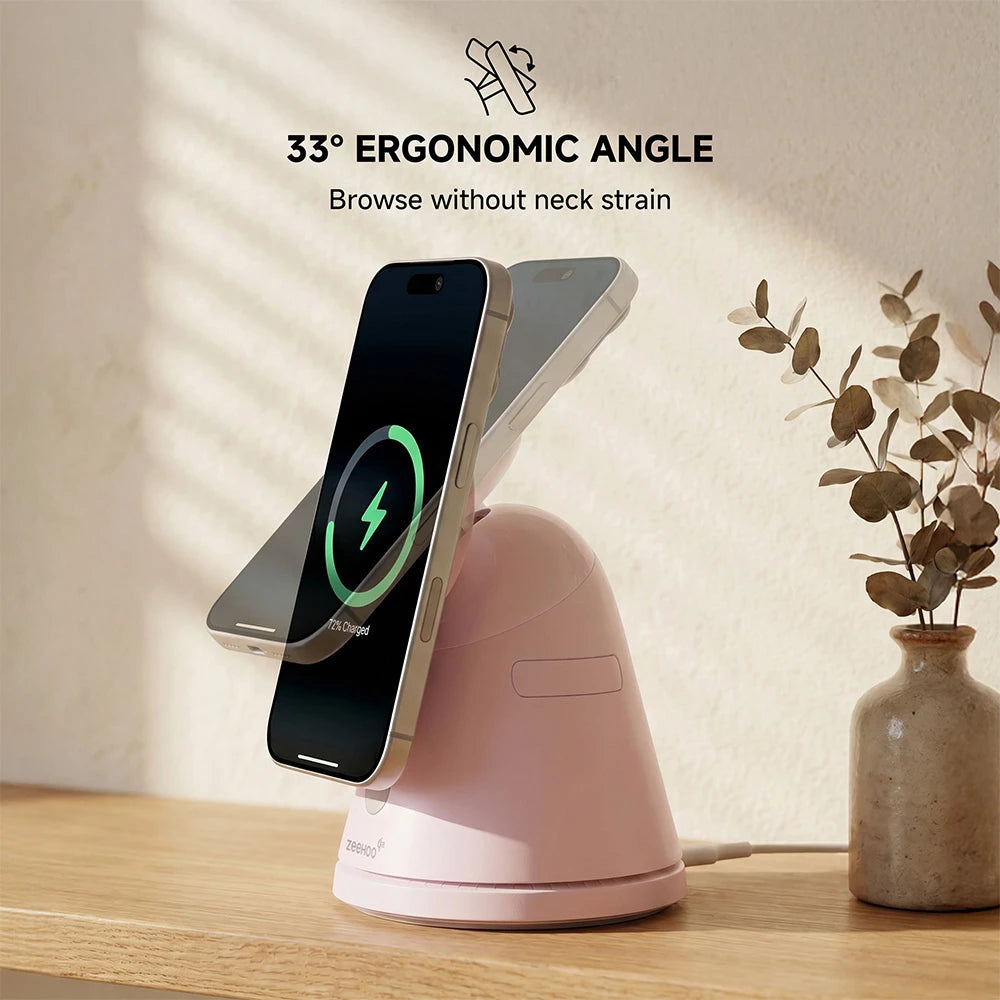 ZEEHOO LuminoCore pink 4-in-1 wireless charging stand holding a smartphone on a wooden surface, featuring ergonomic angle design for comfortable viewing and charging. #color_pink