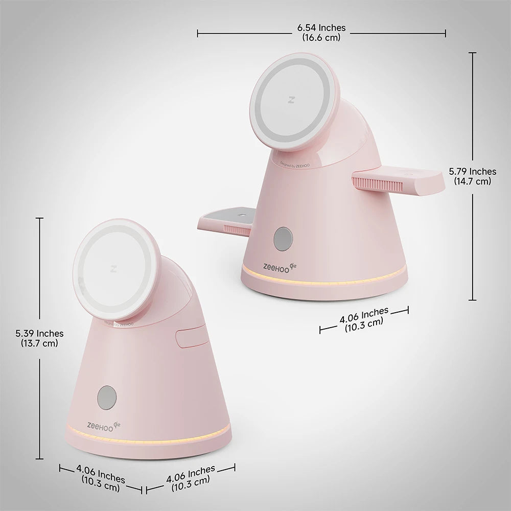 ZEEHOO LuminoCore pink 4-in-1 wireless charging station displayed on a light gray background with product dimensions labeled for size reference. #color_pink