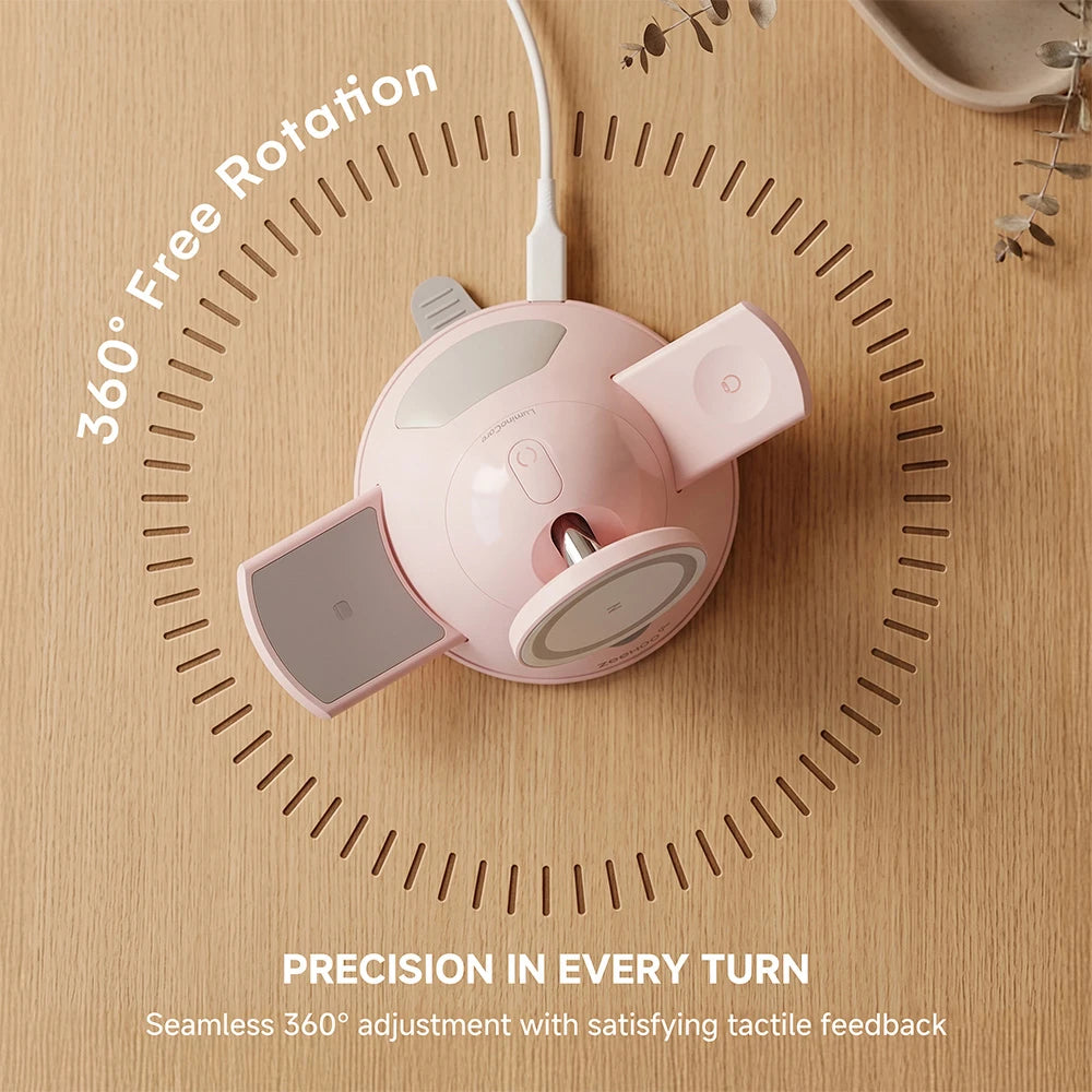 ZEEHOO LuminoCore pink 4-in-1 wireless charging station featuring 360-degree rotation, placed on a wooden surface for flexible positioning. #color_pink