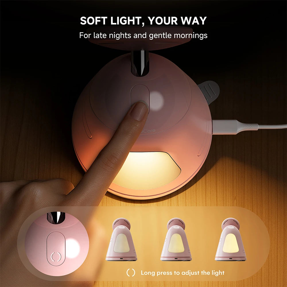 ZEEHOO LuminoCore pink 4-in-1 wireless charging station featuring adjustable soft night light control, demonstrated with hand interaction on a dark background. #color_pink